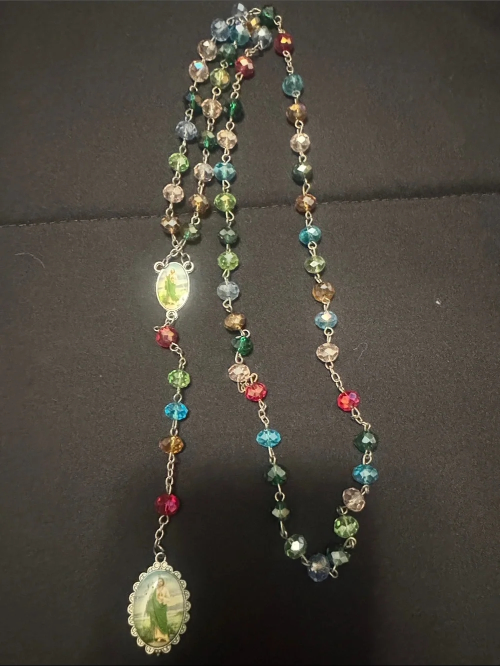 Multicolor Crystal Rosary Necklace with Saint Pendant Rosary